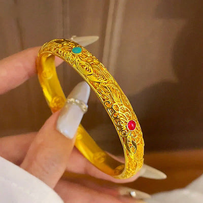 Foviel Kupfer überzogen Gold Blumen Blätter Glück Armband Armreif