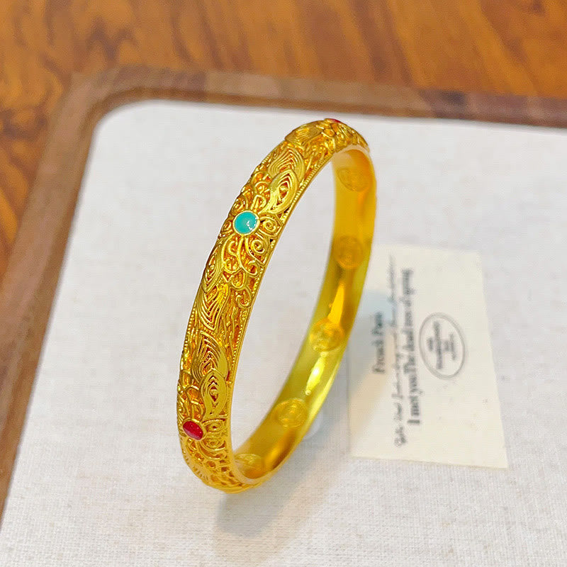 Bracelet jonc Foviel plaqué or avec fleurs et feuilles porte-bonheur