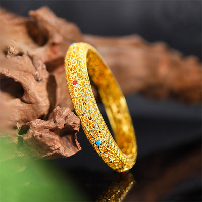 Foviel Copper Plated Gold Flowers Vine Pattern Luck Bracelet Bangle 2.44 IN (62 MM)