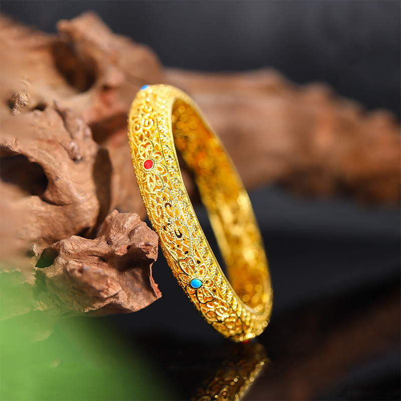 Foviel Copper Plated Gold Flowers Vine Pattern Luck Bracelet Bangle 2.44 IN (62 MM)