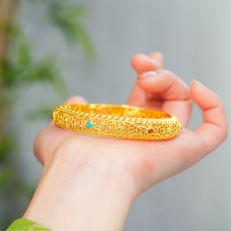 Foviel Copper Plated Gold Flowers Vine Pattern Luck Bracelet Bangle 2.44 IN (62 MM)