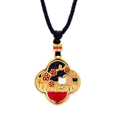 Pendentif de collier Foviel en argent sterling 925 motif fleur de prunier, chat et trèfle à quatre feuilles porte-bonheur