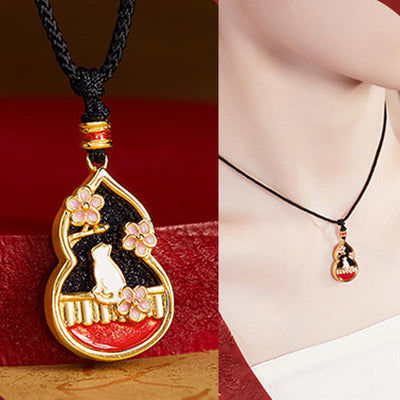 Foviel 925 Sterling Silver Peach Blossom Cat Gourd Pattern Protection Necklace Pendant