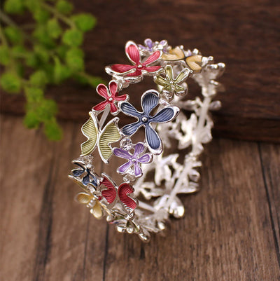Foviel Colorful Butterfly Flowers Love Alloy Elastic Bracelet Bangle
