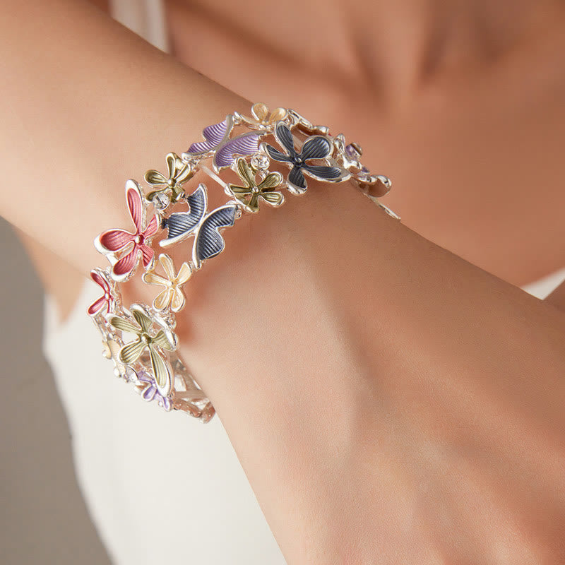 Foviel Colorful Butterfly Flowers Love Alloy Elastic Bracelet Bangle