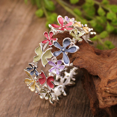 Foviel Colorful Butterfly Flowers Love Alloy Elastic Bracelet Bangle