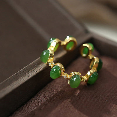 Foviel 925 Sterling Silver Hetian Cyan Jade Beads Healing Adjustable Ring