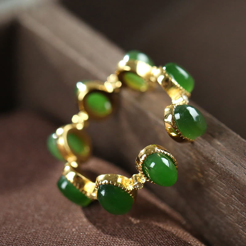 Foviel 925 Sterling Silver Hetian Cyan Jade Beads Healing Adjustable Ring