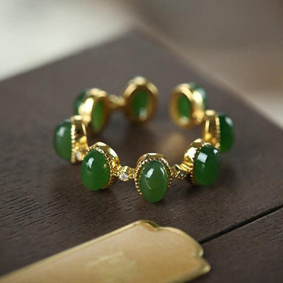 Foviel 925 Sterling Silver Hetian Cyan Jade Beads Healing Adjustable Ring