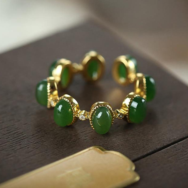 Foviel 925 Sterling Silver Hetian Cyan Jade Beads Healing Adjustable Ring
