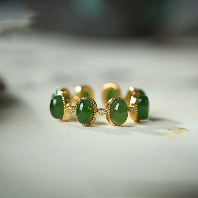 Foviel 925 Sterling Silver Hetian Cyan Jade Beads Healing Adjustable Ring