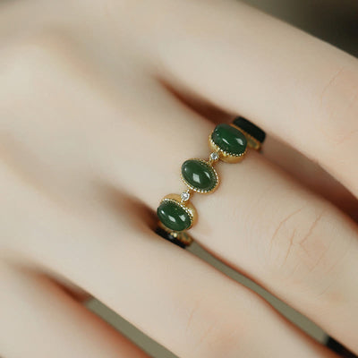 Foviel 925 Sterling Silver Hetian Cyan Jade Beads Healing Adjustable Ring