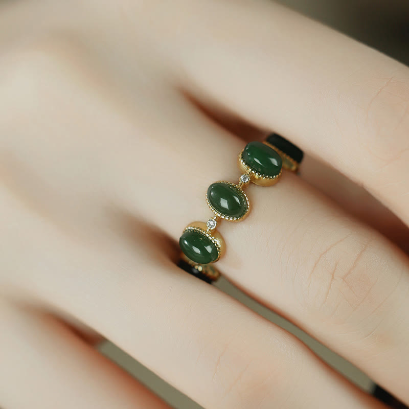 Foviel 925 Sterling Silver Hetian Cyan Jade Beads Healing Adjustable Ring