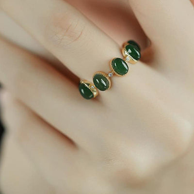 Foviel 925 Sterling Silver Hetian Cyan Jade Beads Healing Adjustable Ring