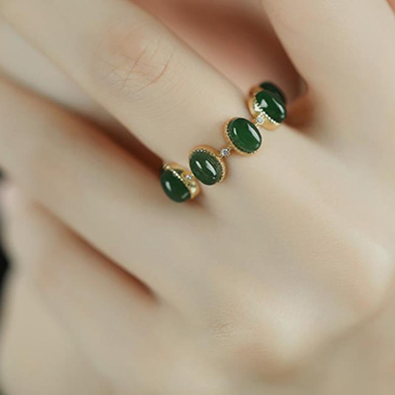 Foviel 925 Sterling Silver Hetian Cyan Jade Beads Healing Adjustable Ring
