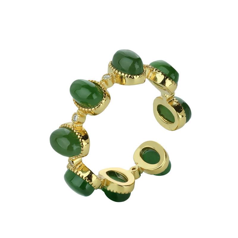 Foviel 925 Sterling Silver Hetian Cyan Jade Beads Healing Adjustable Ring