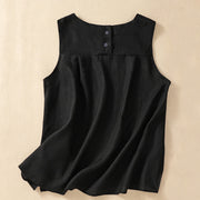 Foviel Casual Solid Color Back Button Asymmetrical Crew Neck Sleeveless Women's Cotton Linen Vest