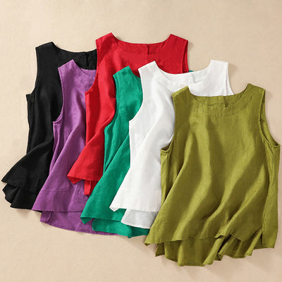 Buddha Stones Casual Solid Color Back Button Asymmetrical Crew Neck Sleeveless Women's Cotton Linen Vest - image 23