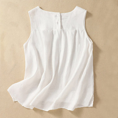 Buddha Stones Casual Solid Color Back Button Asymmetrical Crew Neck Sleeveless Women's Cotton Linen Vest - White - US8-10，UK/AU12-14，EU40-42 (2XL) - image 9