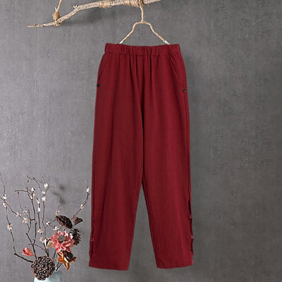 Buddha Stones Casual Pure Color Hollow Button Cuff Design Women's Cotton Linen Pants With Pockets - FireBrick - US14，UK/AU18，EU46 (3XL) - image 12