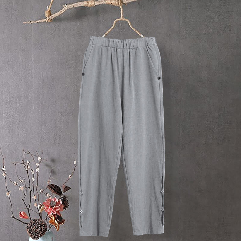 Buddha Stones Casual Pure Color Hollow Button Cuff Design Women's Cotton Linen Pants With Pockets - image 21