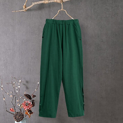 Buddha Stones Casual Pure Color Hollow Button Cuff Design Women's Cotton Linen Pants With Pockets - Green - US14，UK/AU18，EU46 (3XL) - image 19