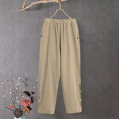 Buddha Stones Casual Pure Color Hollow Button Cuff Design Women's Cotton Linen Pants With Pockets - image 0