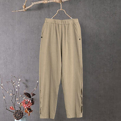 Buddha Stones Casual Pure Color Hollow Button Cuff Design Women's Cotton Linen Pants With Pockets - PaleGoldenrod - US14，UK/AU18，EU46 (3XL) - image 1