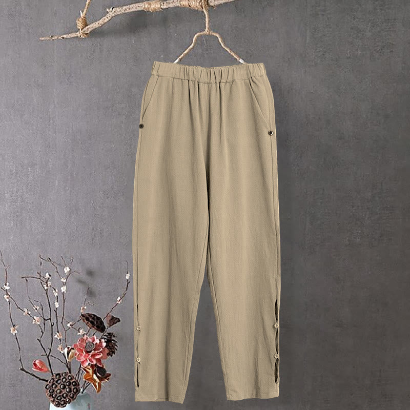 Buddha Stones Casual Pure Color Hollow Button Cuff Design Women's Cotton Linen Pants With Pockets - PaleGoldenrod - US14，UK/AU18，EU46 (3XL) - image 1