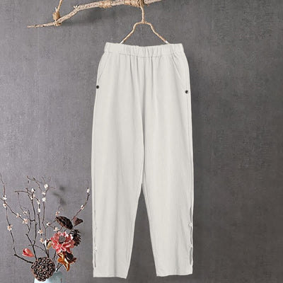Buddha Stones Casual Pure Color Hollow Button Cuff Design Women's Cotton Linen Pants With Pockets - image 9