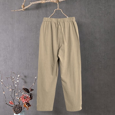 Buddha Stones Casual Pure Color Hollow Button Cuff Design Women's Cotton Linen Pants With Pockets - image 2