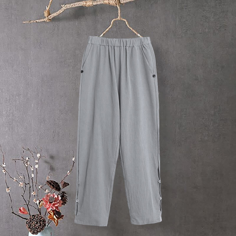 Buddha Stones Casual Pure Color Hollow Button Cuff Design Women's Cotton Linen Pants With Pockets - Silver - US14，UK/AU18，EU46 (3XL) - image 22