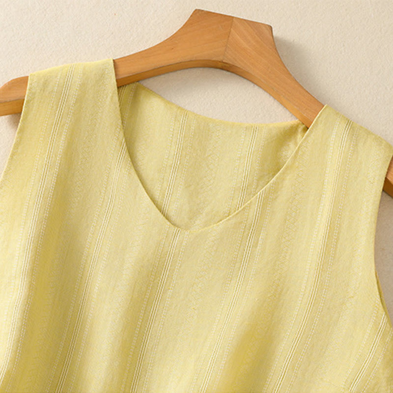 Buddha Stones Vintage Summer Solid Color Simple Design V-Neck Women's Cotton Sleeveless Vest - image 3