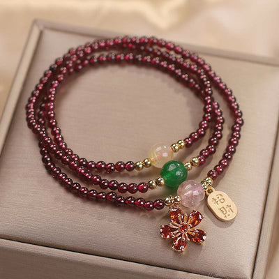 Foviel Natural 3mm Ultra-thin Garnet Beads Cherry Blossom Flower Attract Fortune Protection Multilayer Bracelet