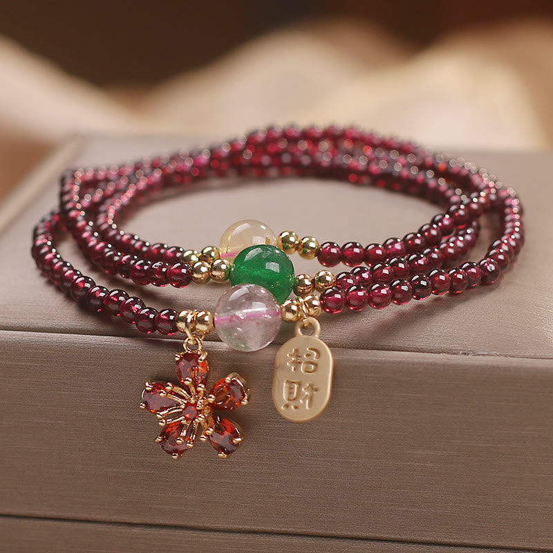 Foviel Natural 3mm Ultra-thin Garnet Beads Cherry Blossom Flower Attract Fortune Protection Multilayer Bracelet