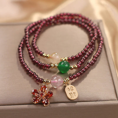Foviel Natural 3mm Ultra-thin Garnet Beads Cherry Blossom Flower Attract Fortune Protection Multilayer Bracelet