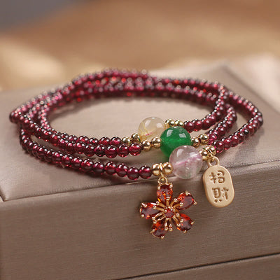 Foviel Natural 3mm Ultra-thin Garnet Beads Cherry Blossom Flower Attract Fortune Protection Multilayer Bracelet