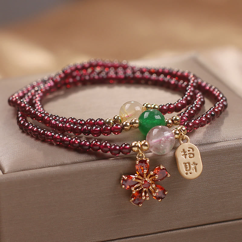 Foviel Natural 3mm Ultra-thin Garnet Beads Cherry Blossom Flower Attract Fortune Protection Multilayer Bracelet