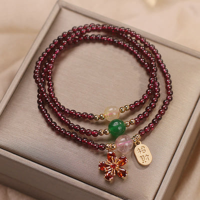 Foviel Natural 3mm Ultra-thin Garnet Beads Cherry Blossom Flower Attract Fortune Protection Multilayer Bracelet
