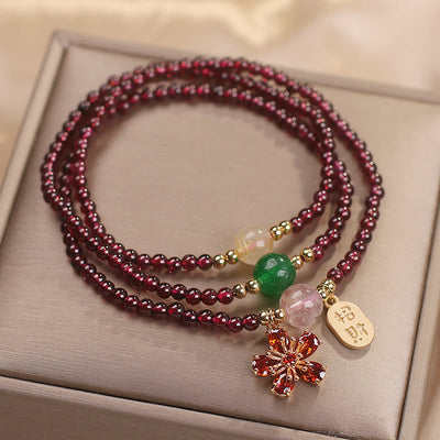 Foviel Natural 3mm Ultra-thin Garnet Beads Cherry Blossom Flower Attract Fortune Protection Multilayer Bracelet