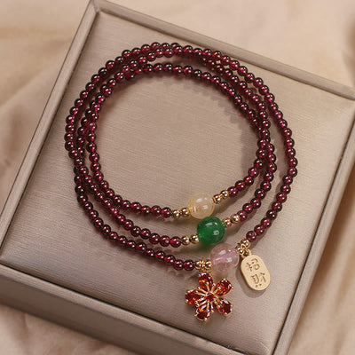 Foviel Natural 3mm Ultra-thin Garnet Beads Cherry Blossom Flower Attract Fortune Protection Multilayer Bracelet