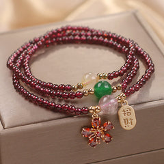 Foviel Natural 3mm Ultra-thin Garnet Beads Cherry Blossom Flower Attract Fortune Protection Multilayer Bracelet
