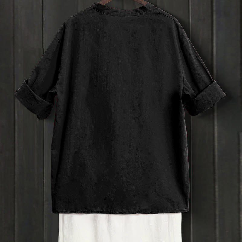 Buddha Stones Summer Casual Plain Breasted Notched Collar Short Sleeve Women's Cotton Linen Shirt - image 7
