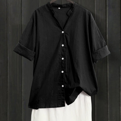 Buddha Stones Summer Casual Plain Breasted Notched Collar Short Sleeve Women's Cotton Linen Shirt - Black - US20，UK/AU24，EU52 (5XL) - image 6