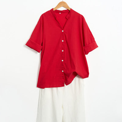 Buddha Stones Summer Casual Plain Breasted Notched Collar Short Sleeve Women's Cotton Linen Shirt - image 17
