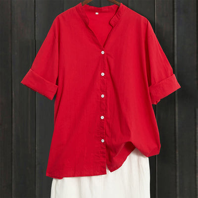 Buddha Stones Summer Casual Plain Breasted Notched Collar Short Sleeve Women's Cotton Linen Shirt - Crimson - US20，UK/AU24，EU52 (5XL) - image 12