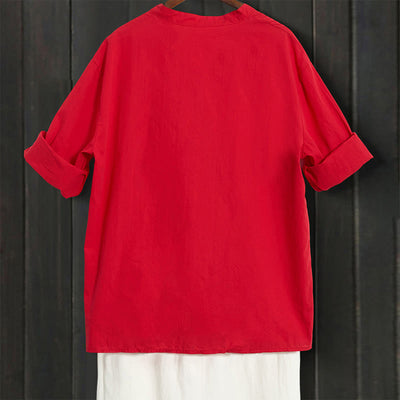 Buddha Stones Summer Casual Plain Breasted Notched Collar Short Sleeve Women's Cotton Linen Shirt - image 13