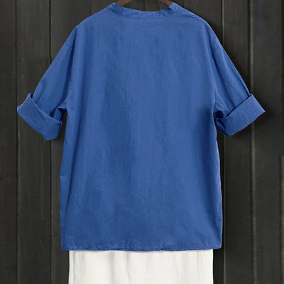 Buddha Stones Summer Casual Plain Breasted Notched Collar Short Sleeve Women's Cotton Linen Shirt - image 25
