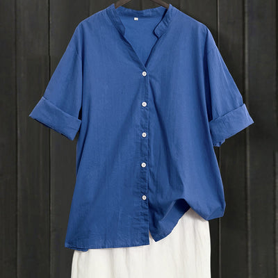 Buddha Stones Summer Casual Plain Breasted Notched Collar Short Sleeve Women's Cotton Linen Shirt - RoyalBlue - US20，UK/AU24，EU52 (5XL) - image 24