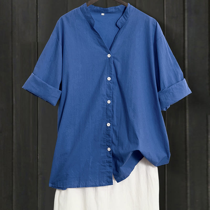 Buddha Stones Summer Casual Plain Breasted Notched Collar Short Sleeve Women's Cotton Linen Shirt - RoyalBlue - US20，UK/AU24，EU52 (5XL) - image 24